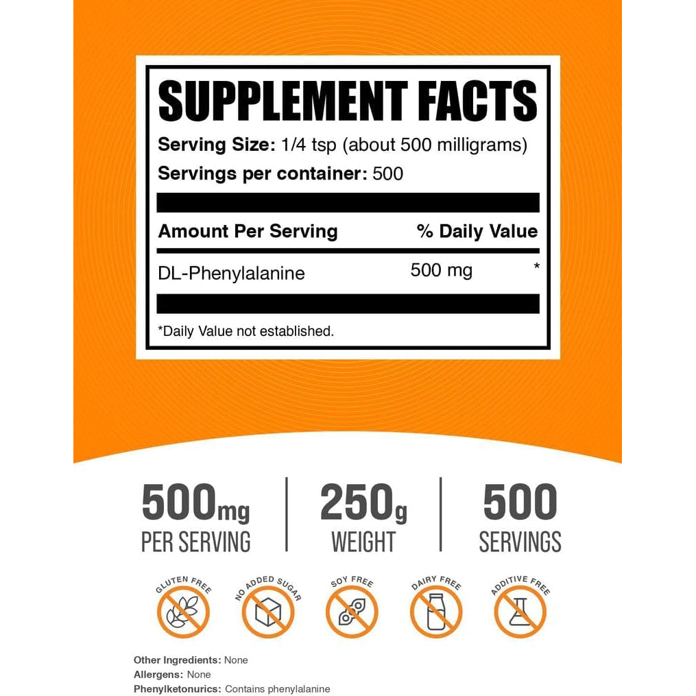 Bulksupplements.Com Dl-Phenylalanine Powder - DLPA Powder, Phenylalanine Supplement - Unflavored & Gluten Free, 500Mg per Serving, 250G (8.8 Oz) (Pack of 1)