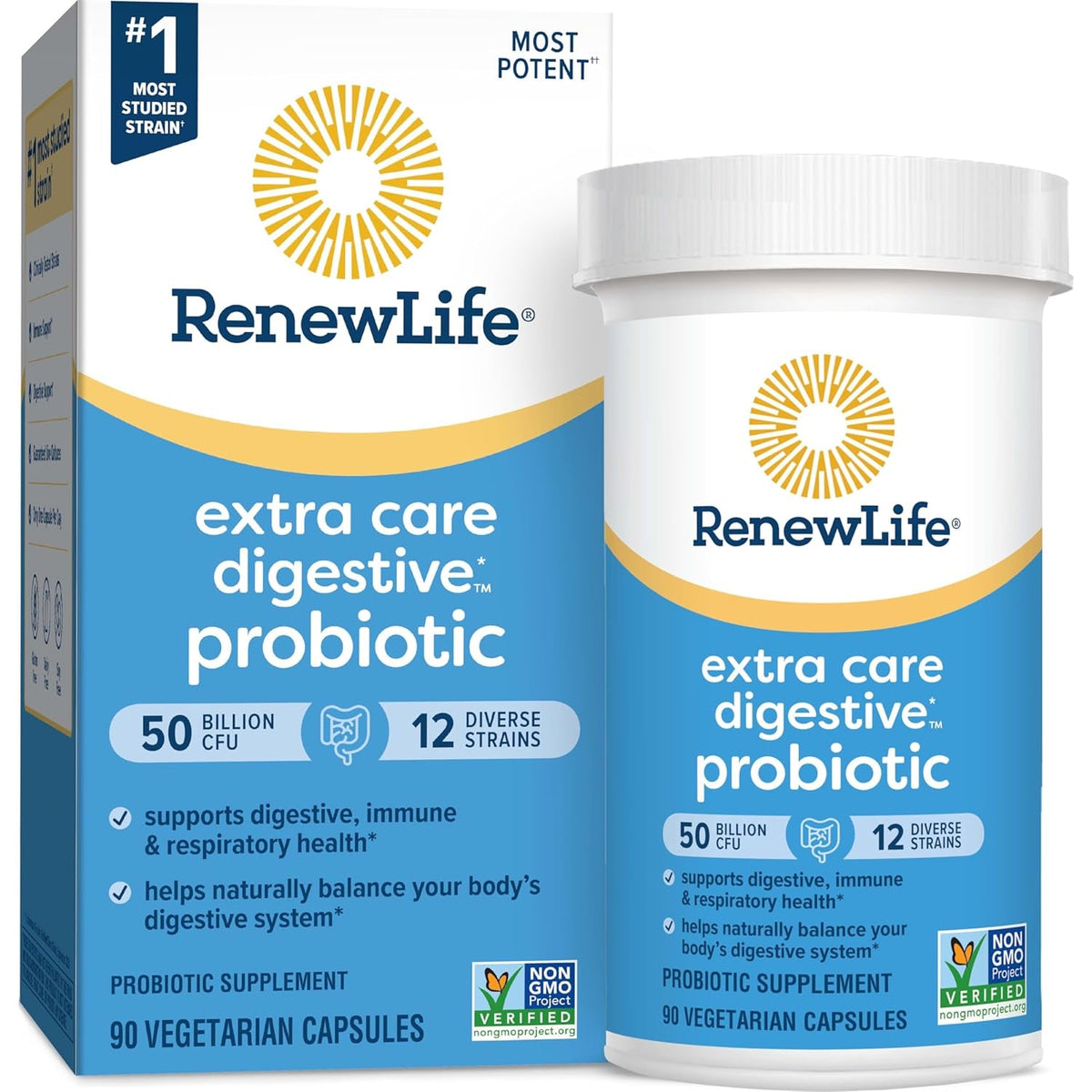 Renew Life Extra Care Digestive Probiotic Capsules, 50 Billion CFU Guaranteed, Daily Supplement Supports Immune, Digestive, Respiratory Health(1), L. Rhamnosus GG, Dairy, Soy and Gluten-Free, 90 Count