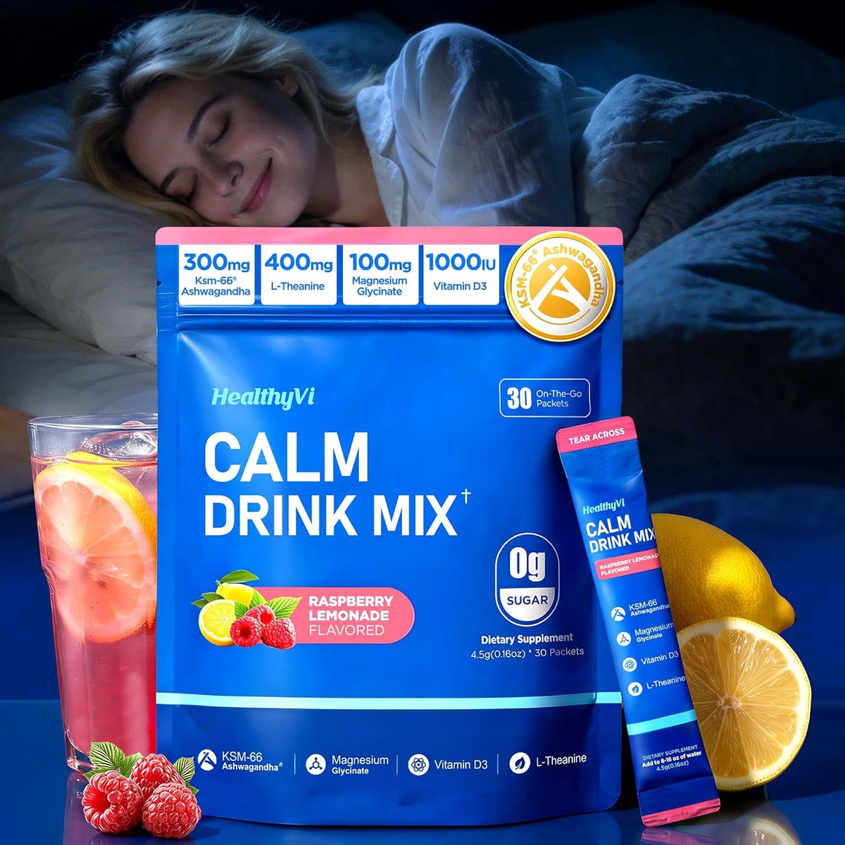 Calm Magnesium Glycinate Powder Drink Mix for Relax & Sleep Aid, Cortisol Reducer Supplements for Women Men W/ KSM-66 Ashwagandha L-Theanine Vitamin D3 Balance Mood & Stress Non-Gmo Raspberry Lemonade