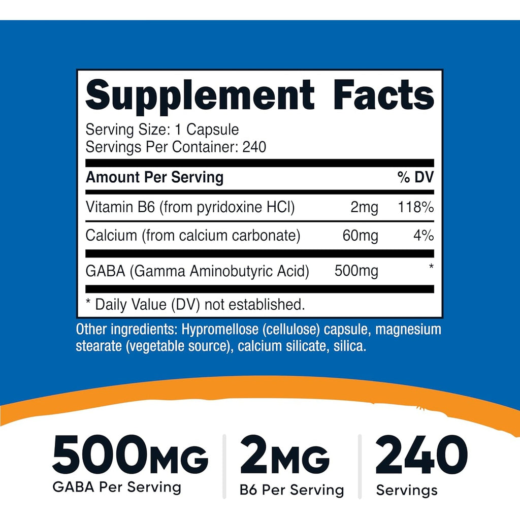 Nutricost GABA (Gamma Aminobutyric Acid) + Vitamin B6, 500Mg per Serving, 240 Capsules