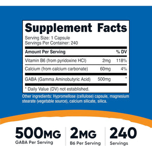 Nutricost GABA (Gamma Aminobutyric Acid) + Vitamin B6, 500Mg per Serving, 240 Capsules