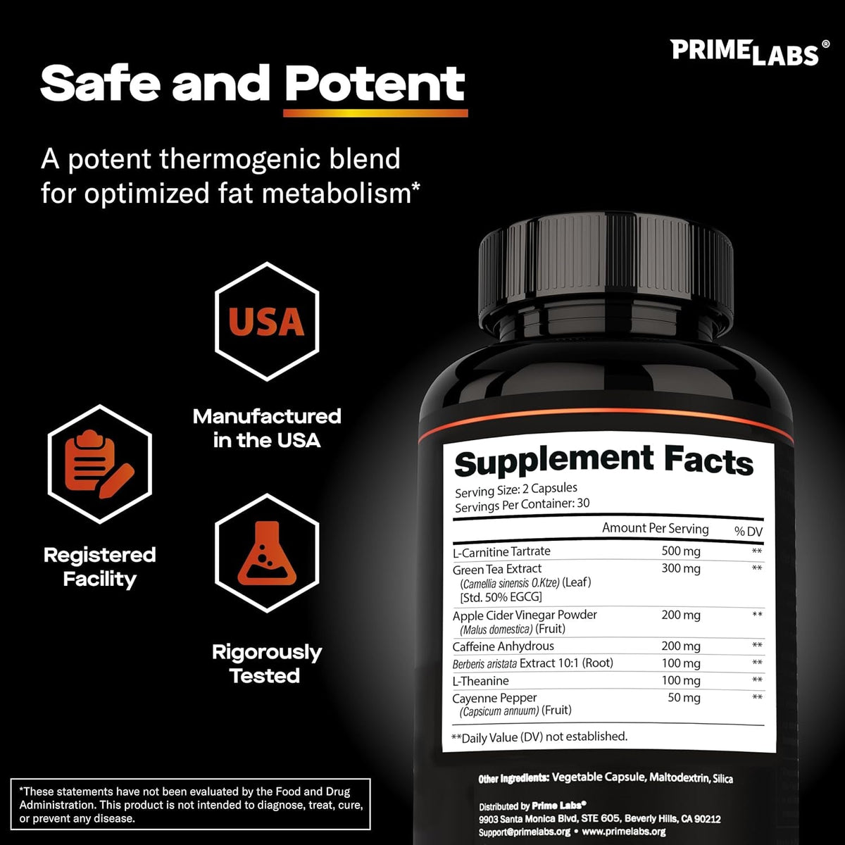 Prime Labs Thermogenic Fat Burner for Men - Weight Loss Supplement - with L-Carnitine, Caffeine, & Green Tea - Thermogenic Energy & Metabolic Support - Third-Party Tested, Made in the USA - 60 Count