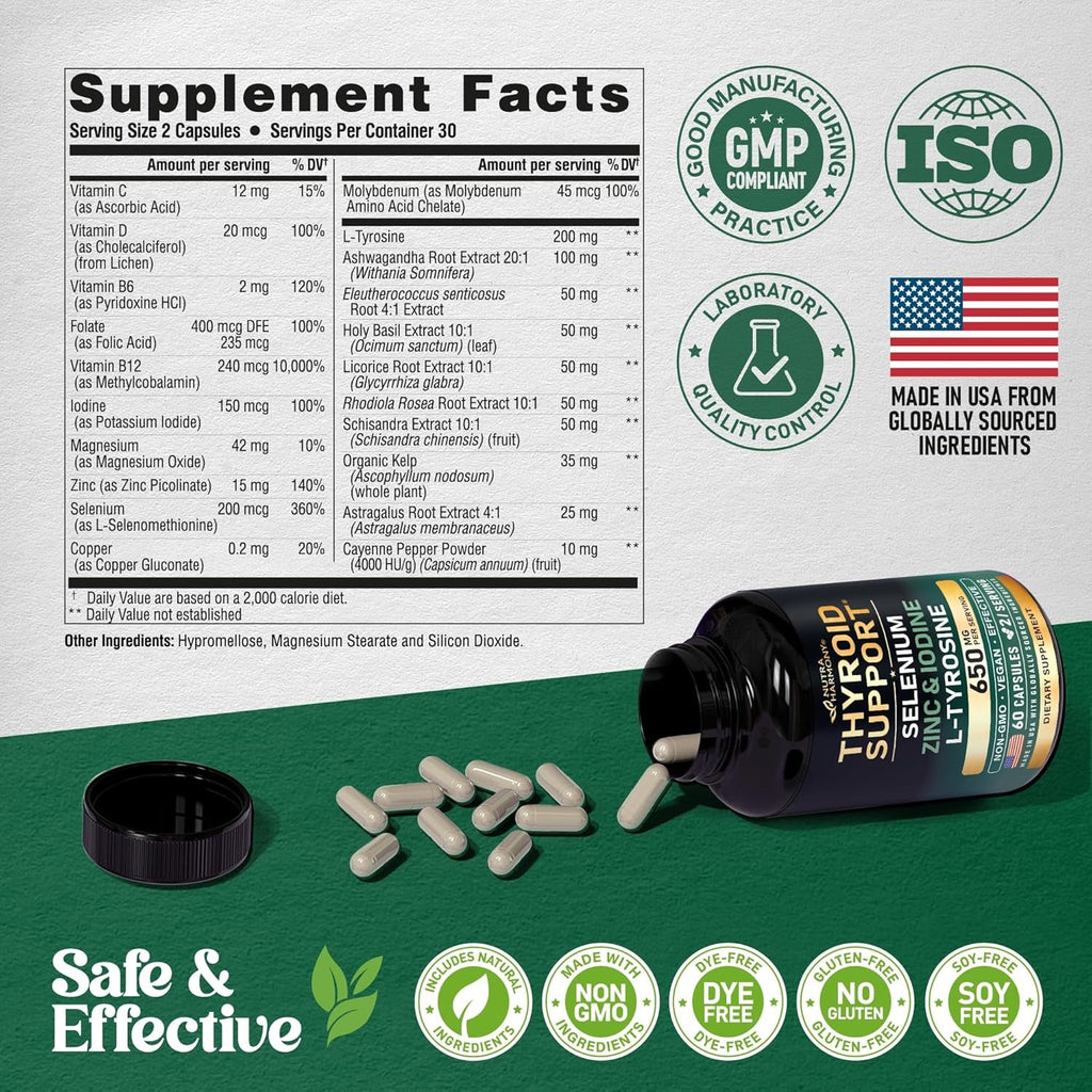 Thyroid Support for Women - Selenium 200 Mcg | Astragalus | Zinc & Iodine | L-Tyrosine | Adaptogen Herbs - 21-In-1 Antioxidant & Immune Support - Vegan, Non-Gmo - Lab Tested - 60 Capsules