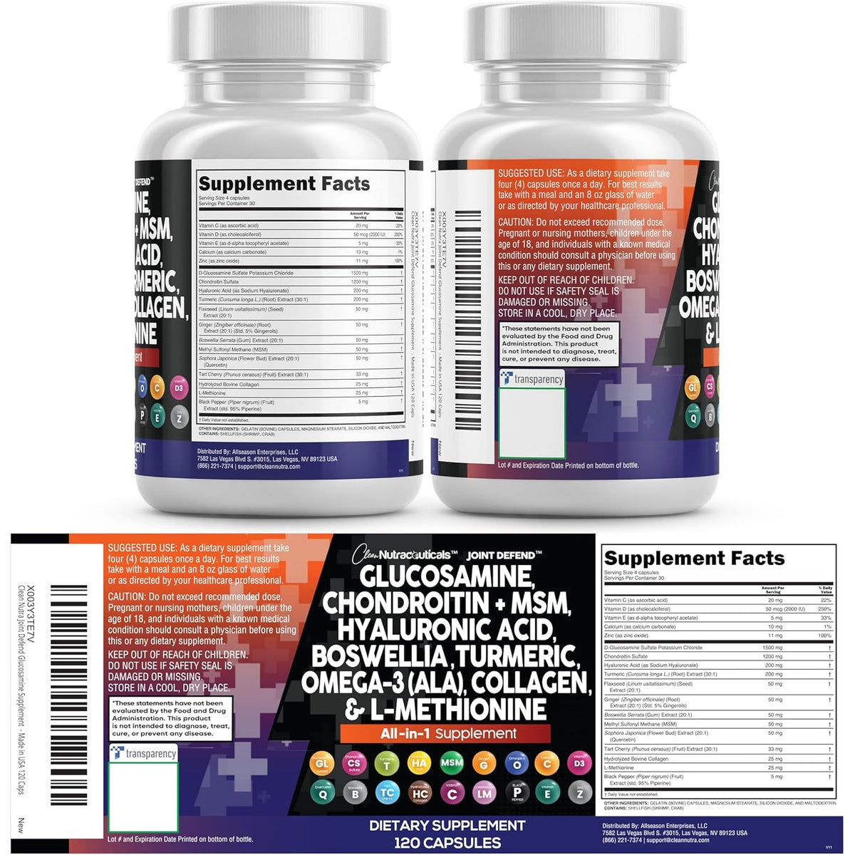 Clean Nutraceuticals Glucosamine 1500Mg Chondroitin 1200Mg MSM with Turmeric Curcumin, Collagen, Hyaluronic Acid, Omega 3 – Joint Health Supplement for Men & Women – Joint Complex – 120 Count
