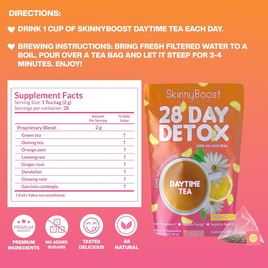 Skinny Boost Detox Tea Kit-Slimming Tea for Weight, Metabolism, Energy, Bloating & Colon Cleanse – Green Tea, Herbal, Vegan, Keto, Non-Gmo, Sugar-Free-2 PACK –1 Daytime (28 Bags) + 1 Evening -(14 Bags)