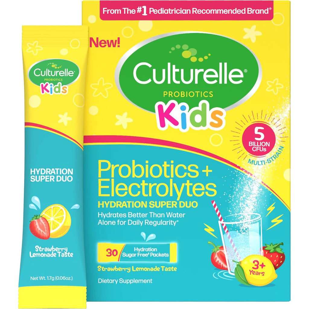Culturelle® Kids Probiotics and Electrolytes Hydration Super Duo, Strawberry Lemonade, Sugar Free‡ Powder Packets for Immune and Digestive Support, 30 Count