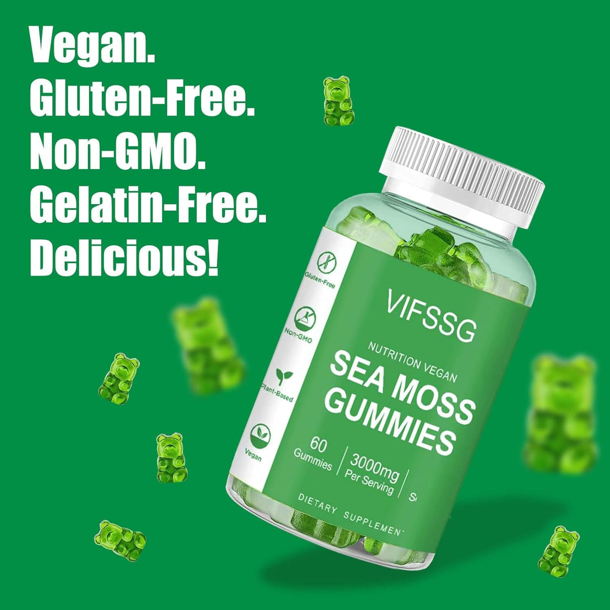 VIFSSG Sea Moss Gummies, 3000Mg Irish Seamoss Gummy Vegan for Adults & Kids with Organic Bladderwrack, Burdock Root and Apple Cider Vinegar Supplement 60 Gummies Pack of 1