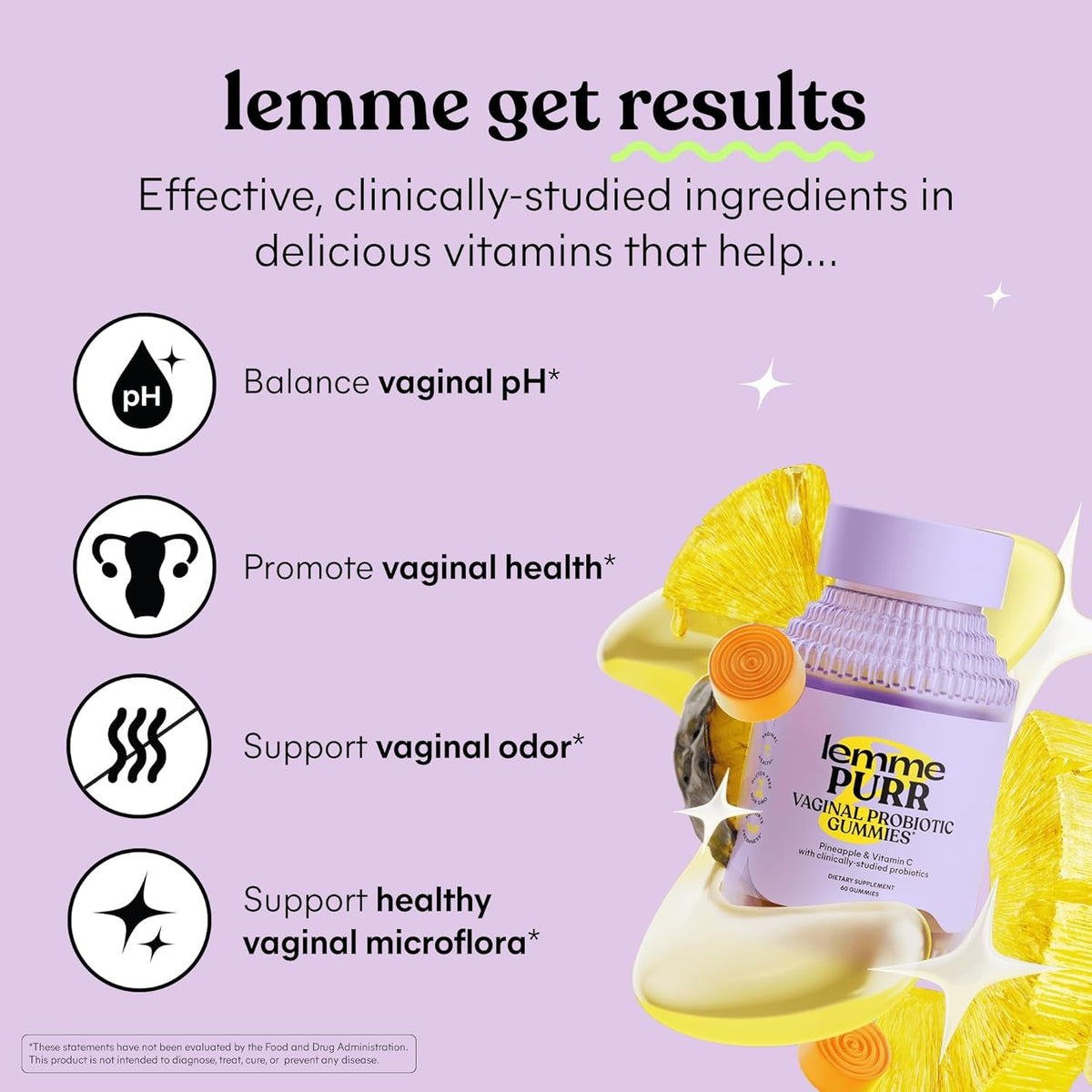 Lemme Purr Vaginal Probiotic Gummies for Women - Balanced Ph, Healthy Odor, Yeast Balance & Flora Support + Vitamin C for Immune Health - Tasty Pineapple (60 Count)