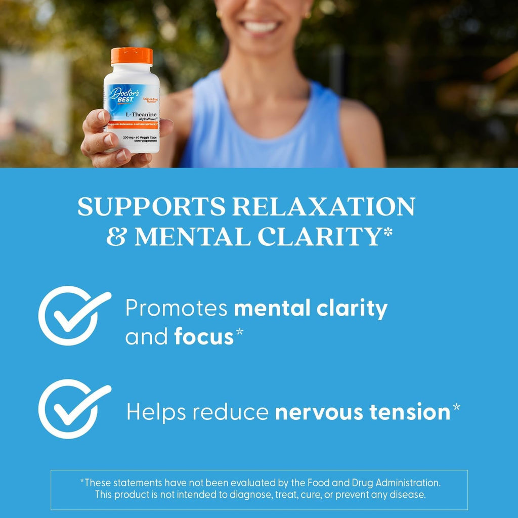 Doctor'S Best L-Theanine Caps 200Mg for Men & Women - L Theanine Alphawave Supplement for Calm & Focus Support, Helps Reduce Stress, Vegan, Gluten Free, Soy Free, Non GMO - 60 Veg Capsules