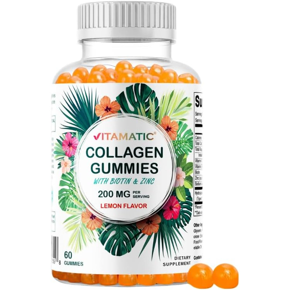 Vitamatic Hydrolyzed Collagen Gummies with Vitamin C, Zinc and Biotin, 200 Mg - Healthy Skin Support - 60 Gummies