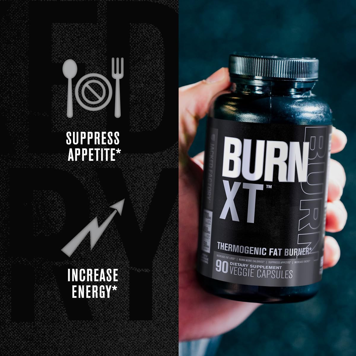 Jacked Factory Burn XT Black Thermogenic Fat Burner - Weight Loss Supplement, Appetite Suppressant, Nootropic Energy Booster | Teacrine, Acetyl L-Carnitine, Green Tea Extract - 90 Veg Diet Pills