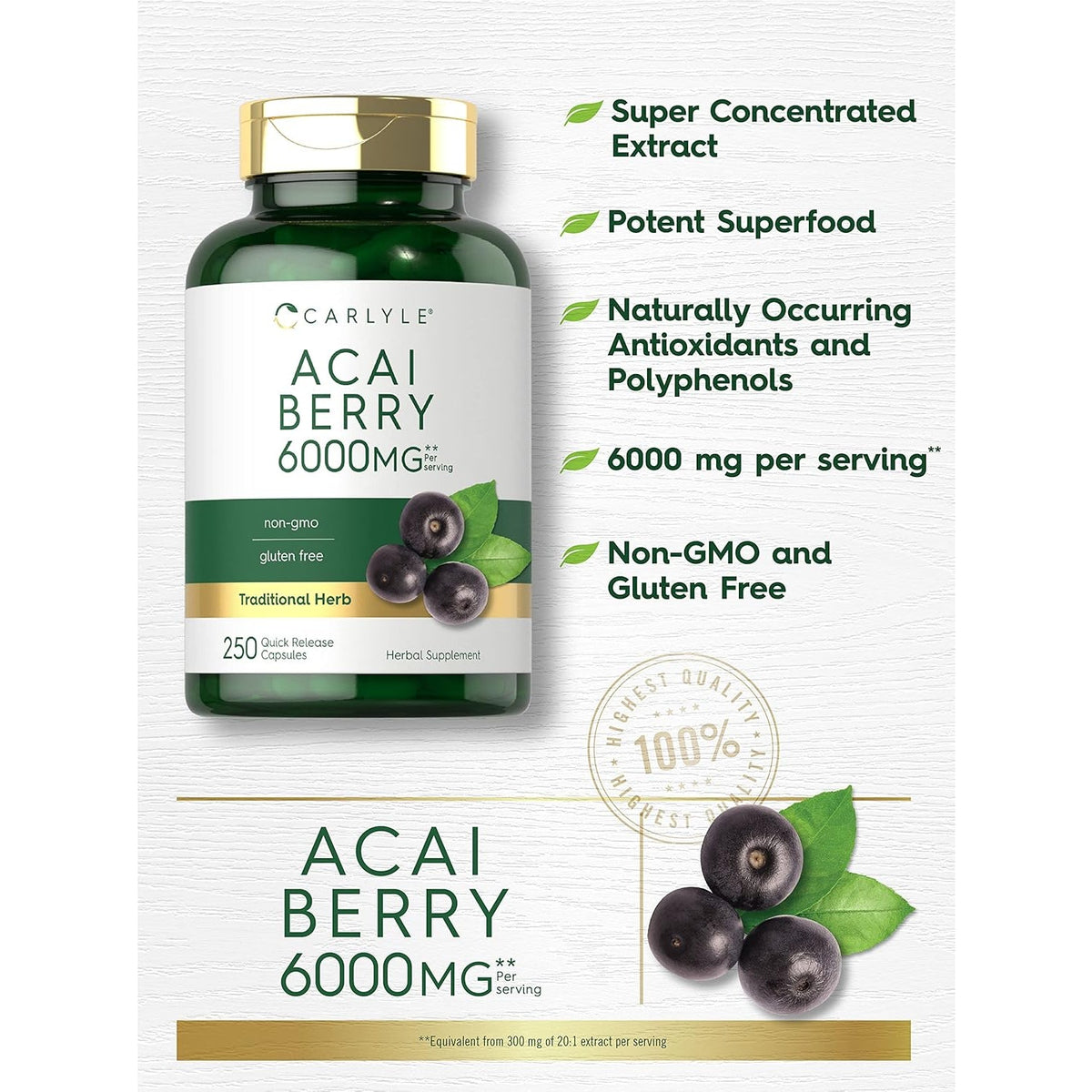 Carlyle Acai Berry Supplement | 250 Capsules | Traditional Herbal Extract | Non-Gmo & Gluten Free