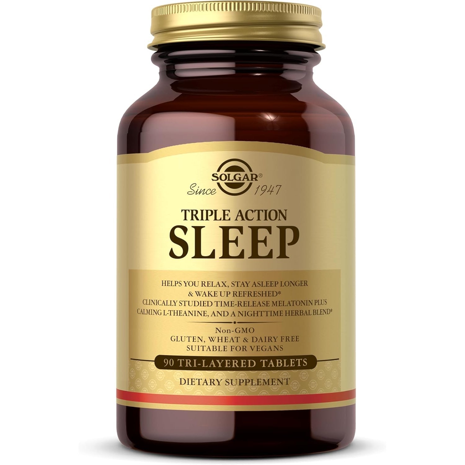 Solgar Triple Action Sleep, 90 Tri-Layer Tablets - Time-Release Melatonin & L-Theanine plus Herbal Blend - Helps You Relax - Non-Gmo, Gluten Free - 90 Servings