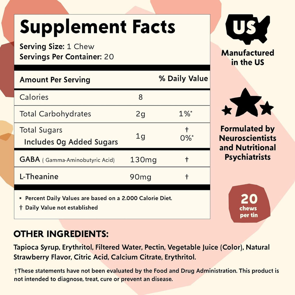 PYM Berry Mood Chews Support for Stress, Worry & Overwhelm, 20 Count | 130Mg GABA, 90Mg L-Theanine | Vegan, Non-Gmo, Gluten-Free, No Added Sugar | All-Natural Mood Support Supplement Made in USA
