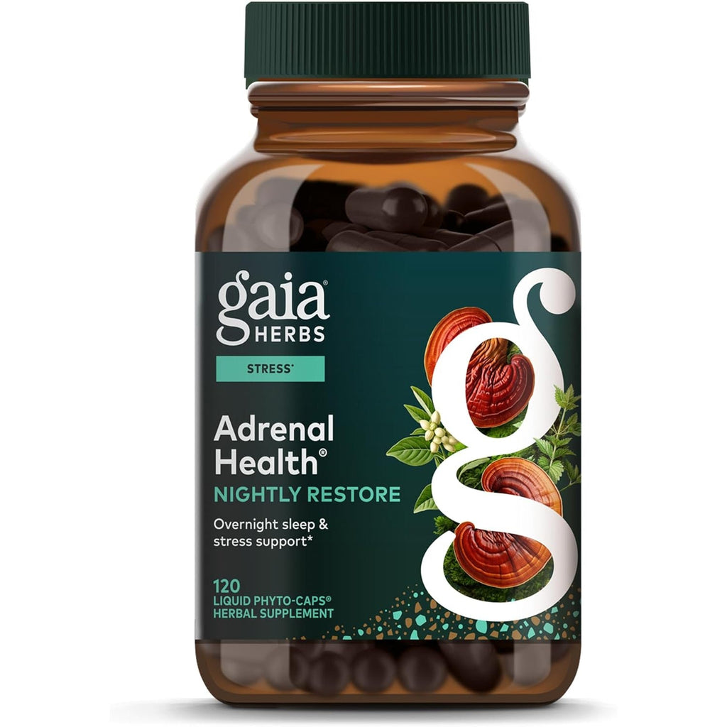 Gaia Herbs Adrenal Health Nightly Restore - Herbal Supplement with Ashwagandha, Magnolia Bark, Cordyceps, Lemon Balm & More* - 120 Vegan Liquid Phyto-Caps (60 Servings)