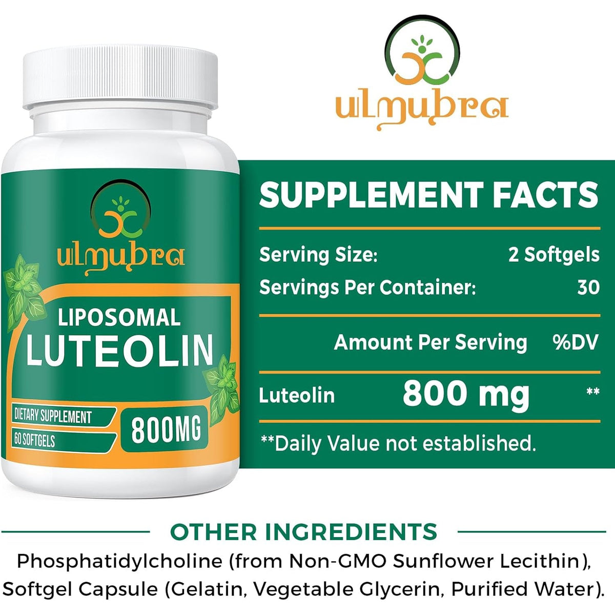 Ulmubra 800 MG Liposomal Luteolin Supplement - Maximum Absorption, Premium Antioxidant Supplement for Brain & Overall Well-Being, 60 Softgels - 30-Day Supply