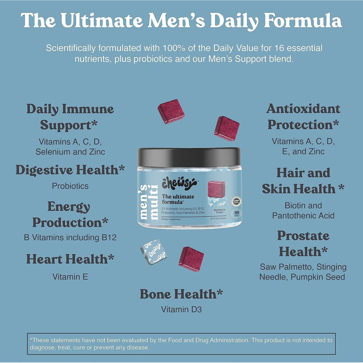 CHEWSY - Men'S Multivitamin Chews - Immune and Energy Support, Vitamin A, B12, C, D3, E, Folic Acid, Probiotics, Zinc - 30-Day Supply