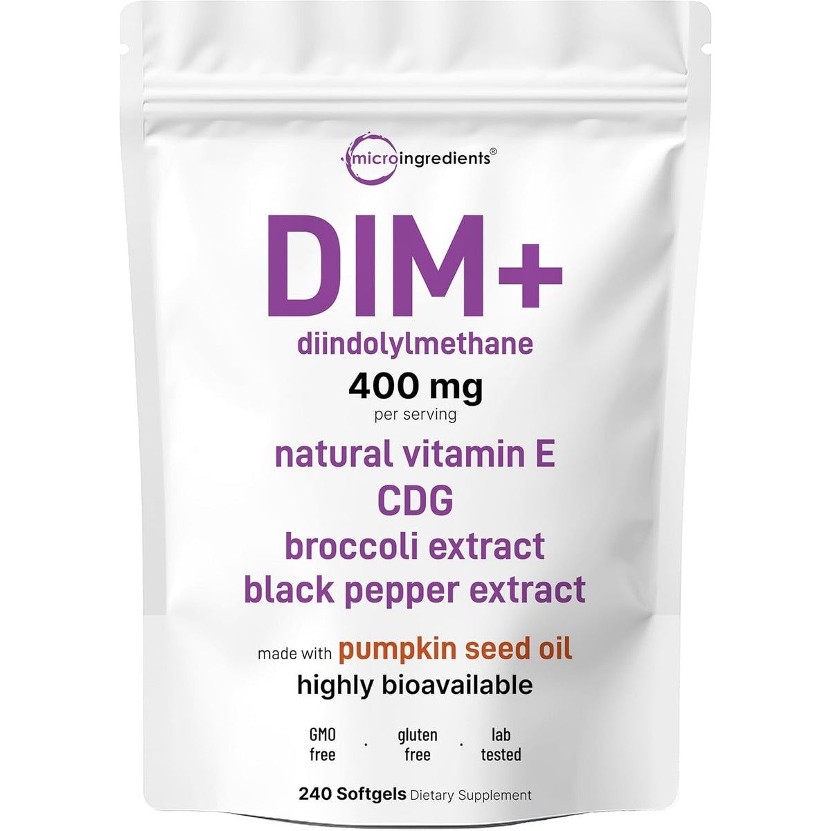 Micro Ingredients DIM+ Supplement 400Mg for Men & Women | 240 Softgels with Pumpkin Seed Oil | Highly Bioavailable 7-In-1 Complex with Vitamin E, CDG, Broccoli & Black Pepper Extract