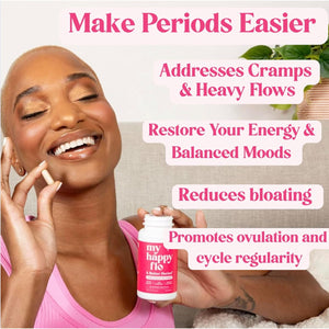 My Happy Flo Period Relief Supplement – Cramp Relief, Heavy Periods & Irregular Period Support, Bloating & Fibroid, Gentle Iron, DIM, Magnesium, Vitamin D3, Plant-Based PMS & Hormone Support | 60 Caps