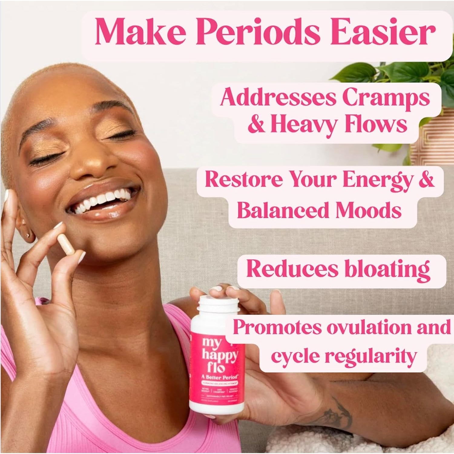 My Happy Flo Period Relief Supplement – Cramp Relief, Heavy Periods & Irregular Period Support, Bloating & Fibroid, Gentle Iron, DIM, Magnesium, Vitamin D3, Plant-Based PMS & Hormone Support | 60 Caps