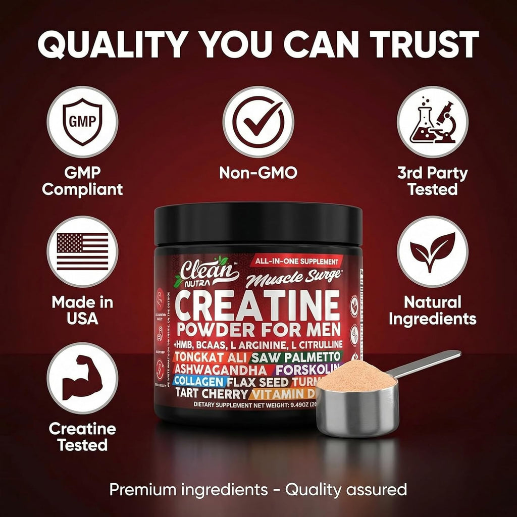 Clean Nutra Creatine Powder for Men + HMB BCAA L Arginine L Citrulline Tongkat Ali Saw Palmetto Ashwagandha Collagen Flax Seed Turmeric Preworkout Stevia Nitric Oxide L Glutamine Amino Acids
