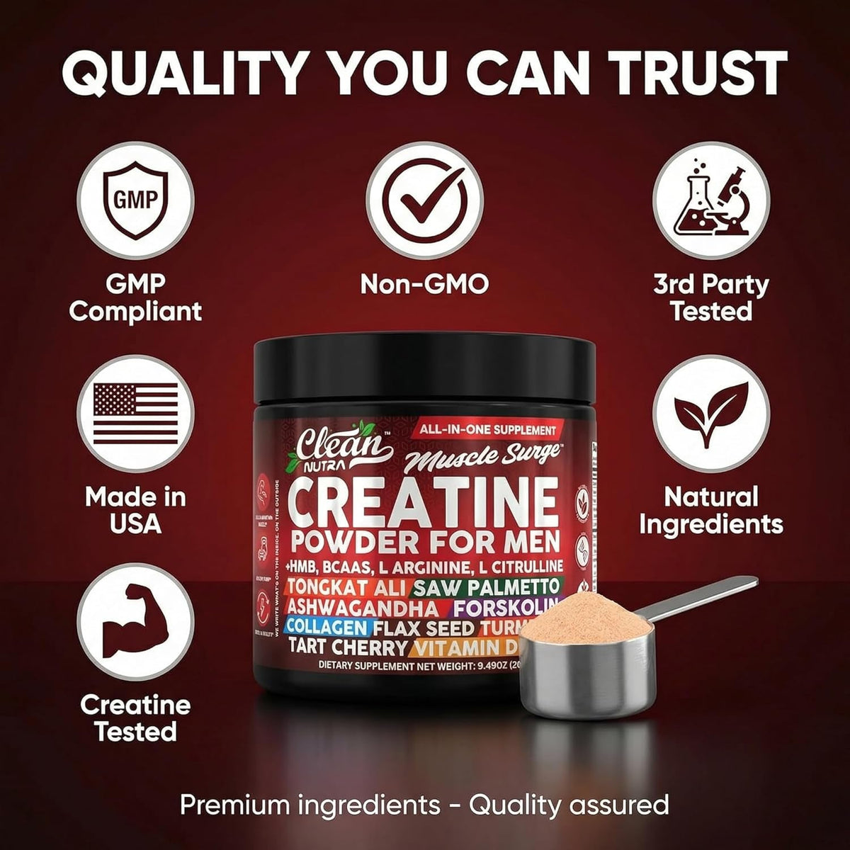 Clean Nutra Creatine Powder for Men + HMB BCAA L Arginine L Citrulline Tongkat Ali Saw Palmetto Ashwagandha Collagen Flax Seed Turmeric Preworkout Stevia Nitric Oxide L Glutamine Amino Acids