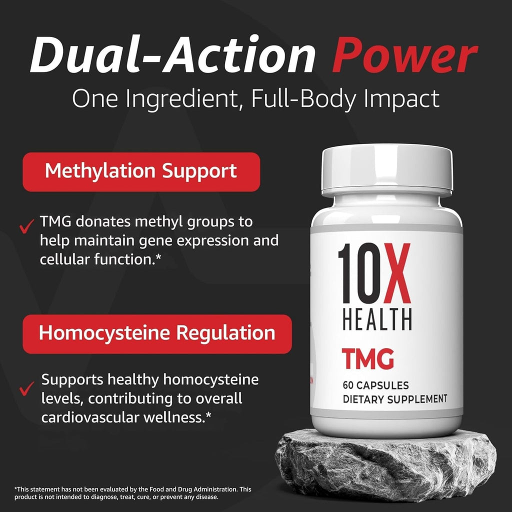 10X Health TMG Supplements - Trimethylglycine Supplement for Liver Support, Heart Wellness, Energy, Homocysteine Levels - TMG Capsules with Betaine Anhydrous - Non-Gmo & Gluten-Free - 60 Capsules