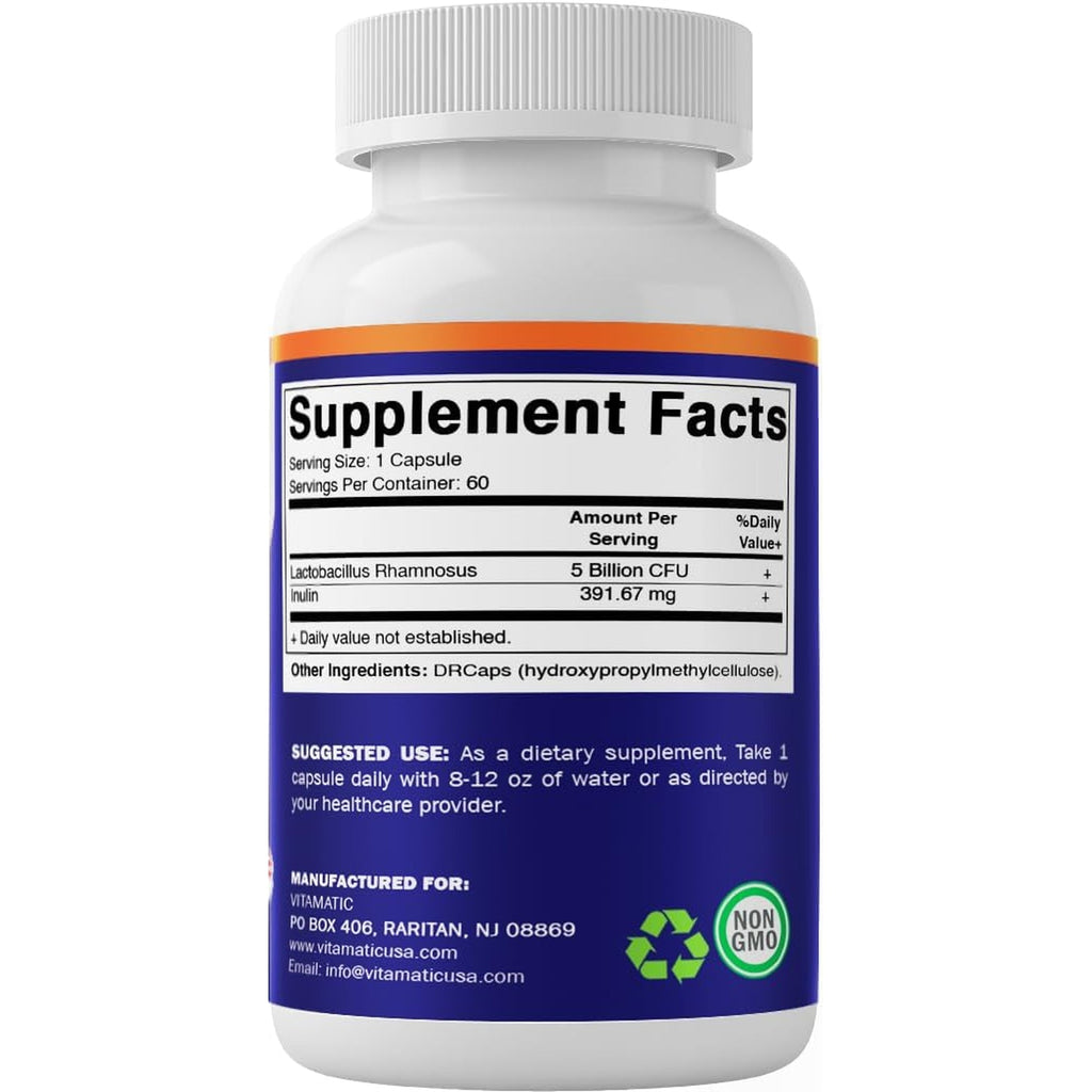 Vitamatic Lactobacillus Rhamnosus 5 Billion per DR Capsule (10 Billion per 2 Capsules) - 60 Count - Advanced Digestive & Immune Support - Made with Prebiotic Inulin Fiber