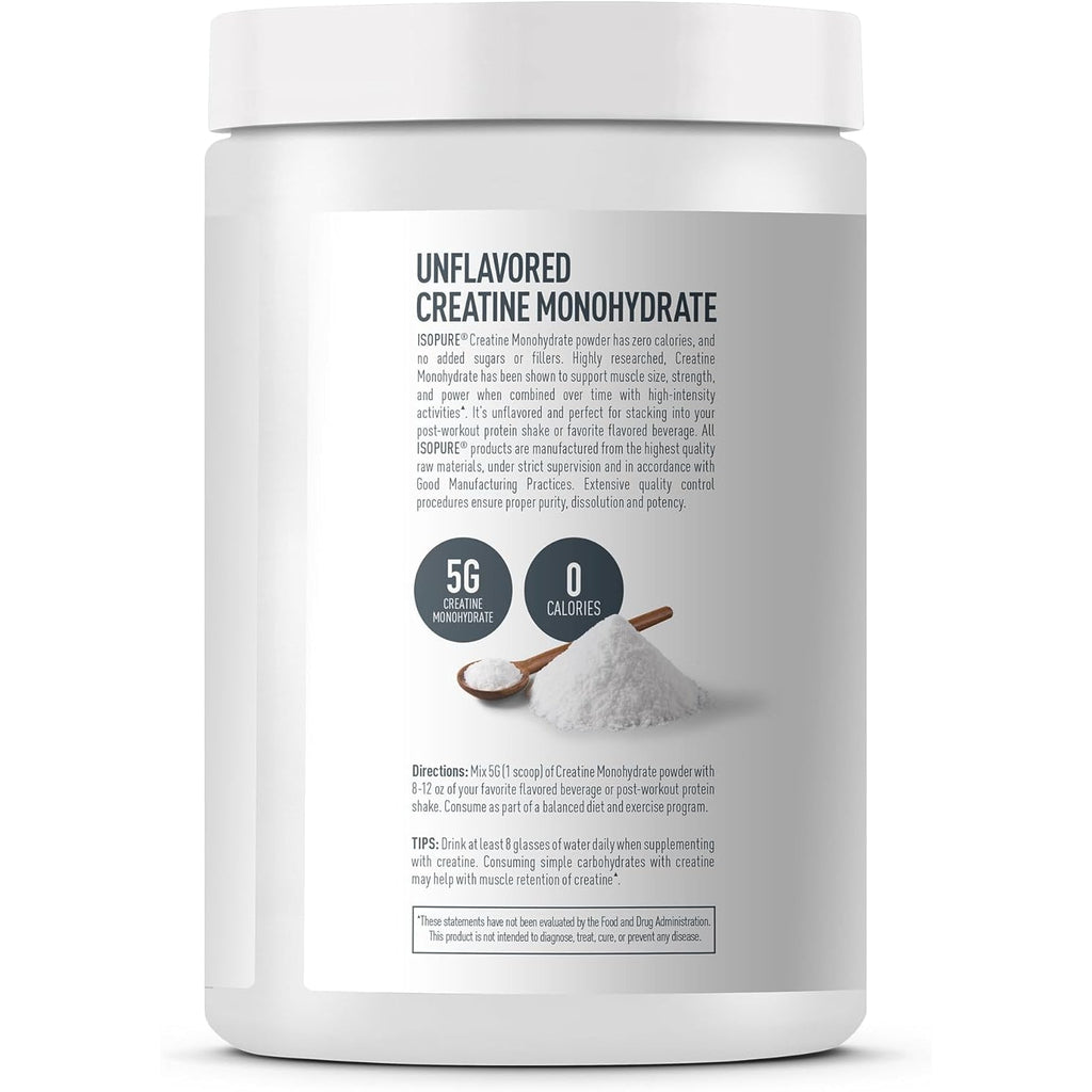 Isopure 100% Pure Creatine Monohydrate Powder, Sugar Free, Unflavored, 5G Creatine Monohydrate per Serving, 1.1 Lbs, 100 Servings (Packaging May Vary)