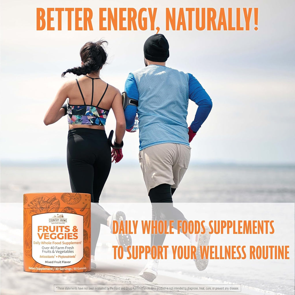 COUNTRY FARMS Fruits and Veggies Gummies, with over 40 Farm Fresh Fruits & Vegetables, Packed with Powerful Antioxidants, (Spirulina, Blueberry, Mushrooms), Daily Whole Food Supplement, Pectin Based,