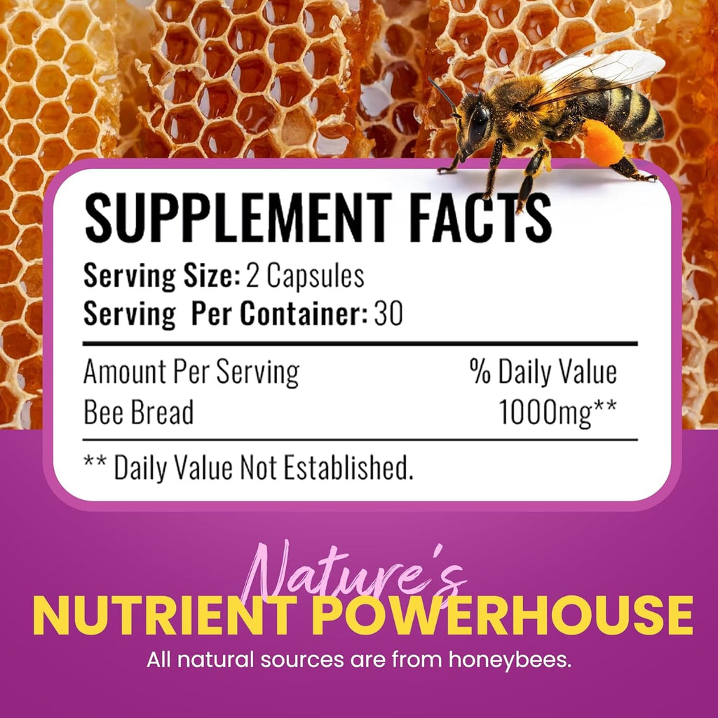 Honeybeezone-Bee Bread Capsules – Nutrient-Rich Superfood for Energy Boost, Immune Support Supplement | Non-Gmo, Gluten-Free, 60 Easy-To-Swallow Veggie Capsules