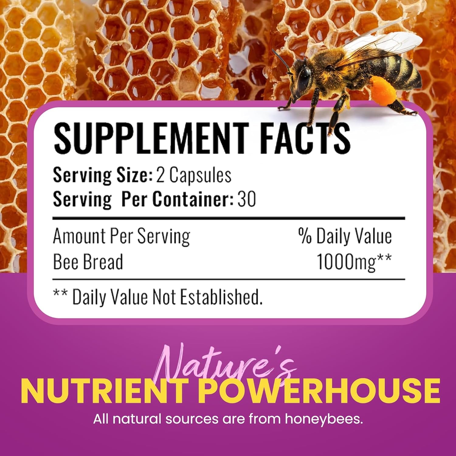 Honeybeezone-Bee Bread Capsules – Nutrient-Rich Superfood for Energy Boost, Immune Support Supplement | Non-Gmo, Gluten-Free, 60 Easy-To-Swallow Veggie Capsules