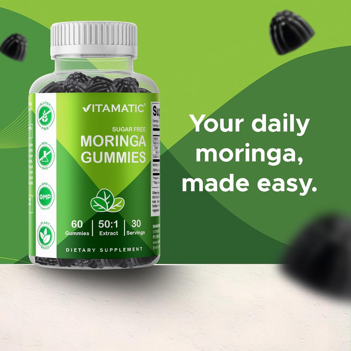 Vitamatic Moringa Gummies – Sugar-Free Botanical Extract – Green Superfood Supplement – Vegan, Pectin-Based, Non-Gmo – Plant-Based Gummies – 60 Count