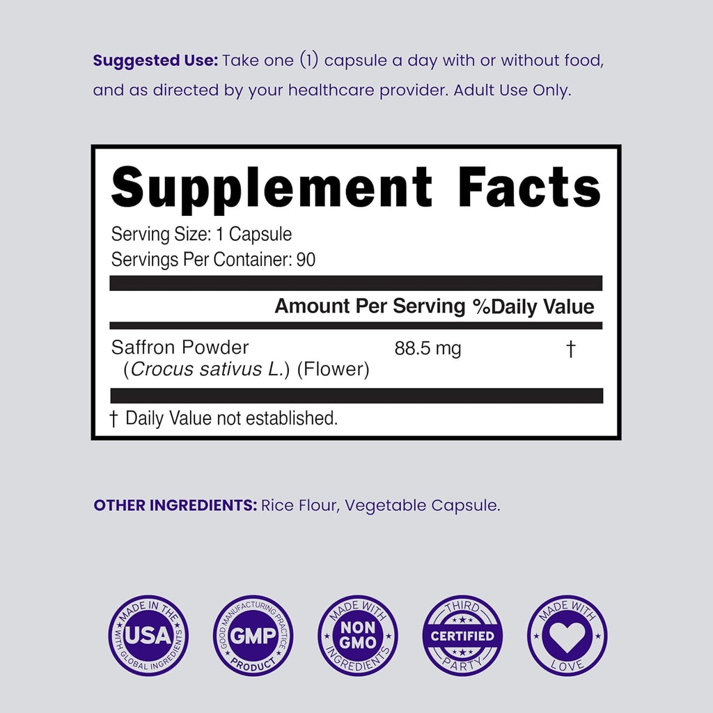 Saffron Supplements for Mood, Energy & Vision Support (3 Month Supply) Pure Saffron Extract 88.5Mg per Serving - Vegan Safe, Gluten Free, Third Party Tested & Non GMO - USA Made (90 Veggie Capsules)
