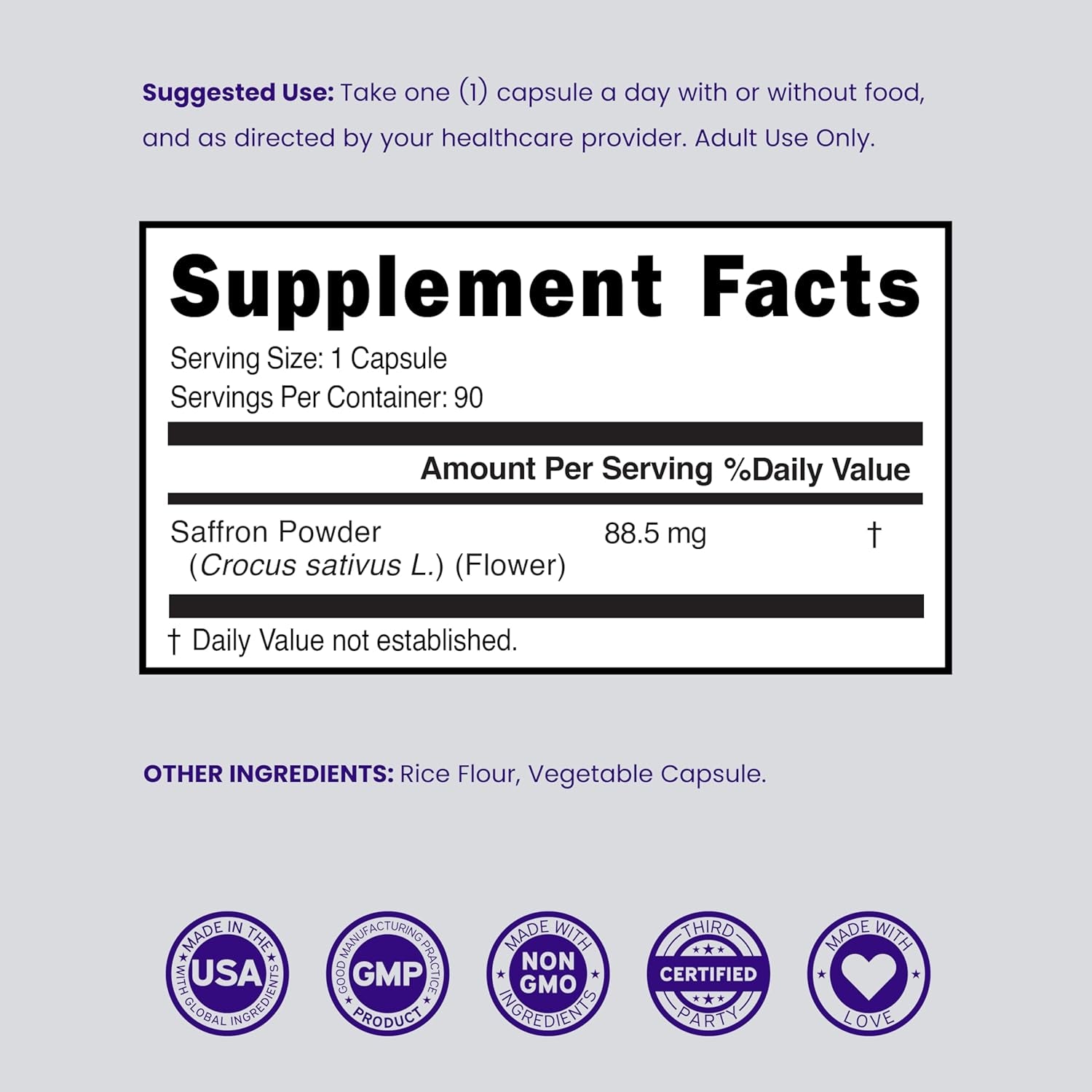 Saffron Supplements for Mood, Energy & Vision Support (3 Month Supply) Pure Saffron Extract 88.5Mg per Serving - Vegan Safe, Gluten Free, Third Party Tested & Non GMO - USA Made (90 Veggie Capsules)