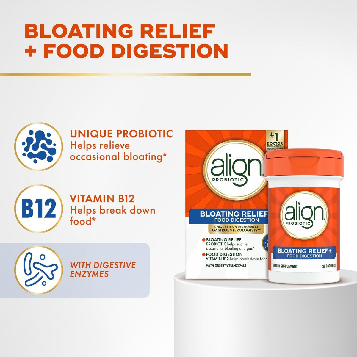 Align Probiotic Bloating Relief + Food Digestion, Probiotics for Women and Men, #1 Doctor Recommended Brand‡, Promotes Digestive Health and Helps Support the Metabolism of Food*, 28 Capsules