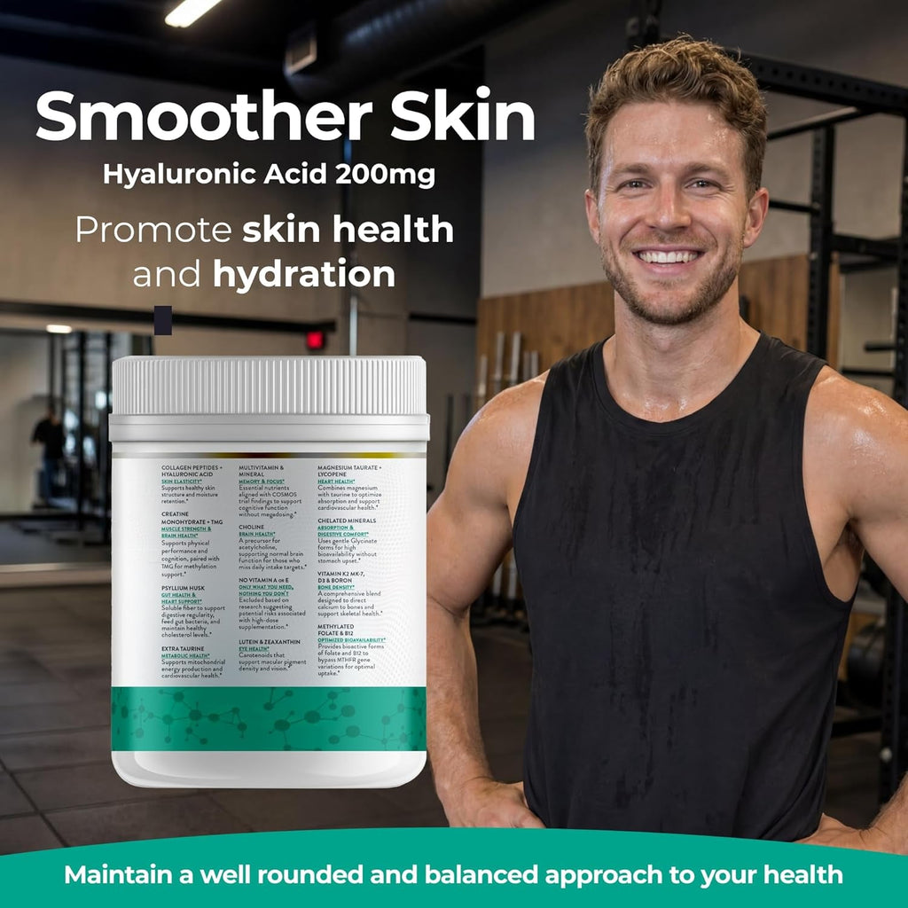 Collagen Peptides + Creatine + Methylated Multivitamin + D3/K2 (MK-7) + Lutein/Zeaxanthin + Lycopene + Psyllium + Taurine + TMG + Hyaluronic Acid (30 Servings, Mixed Berry)