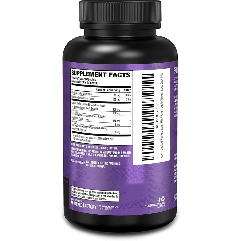Jacked Factory Lean PM Night Time Fat Burner, Sleep Aid Supplement, & Appetite Suppressant for Men and Women - 60 Stimulant-Free Veggie Weight Loss Diet Pills
