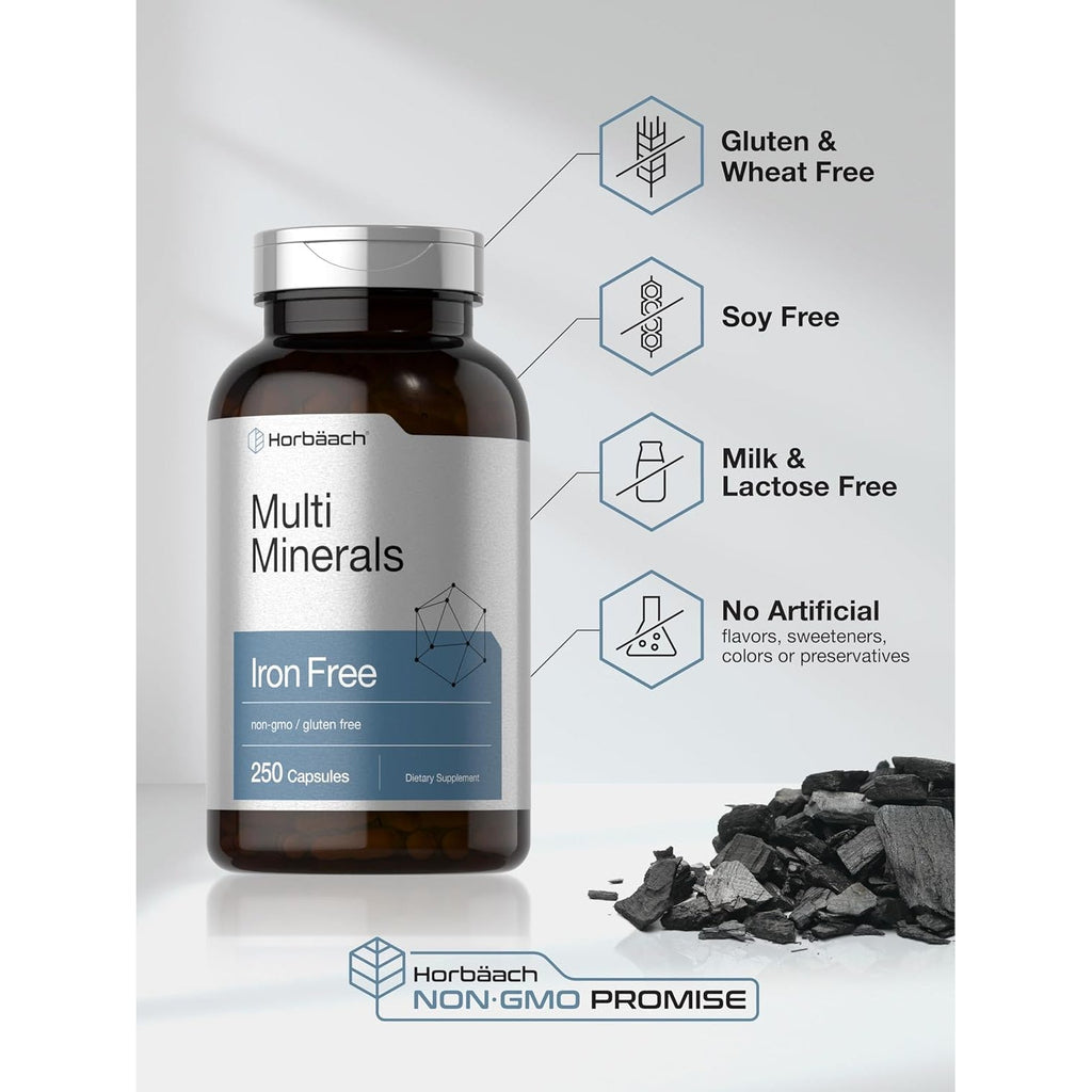 Horbäach Multi Minerals Supplement | 250 Capsules | Iron Free | Daily Mineral Complex for Men and Women | Non-Gmo & Gluten Free