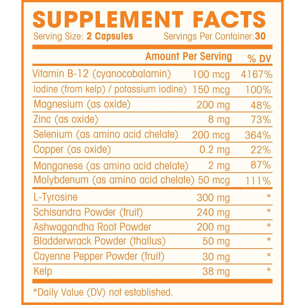 Thyroid Support Complex with Iodine for Energy Levels, Weight Loss, Metabolism, Fatigue & Brain Function - Natural Health Supplement Formula: L-Tyrosine, Selenium, Kelp, Bladderwrack, Ashwagandha, Etc