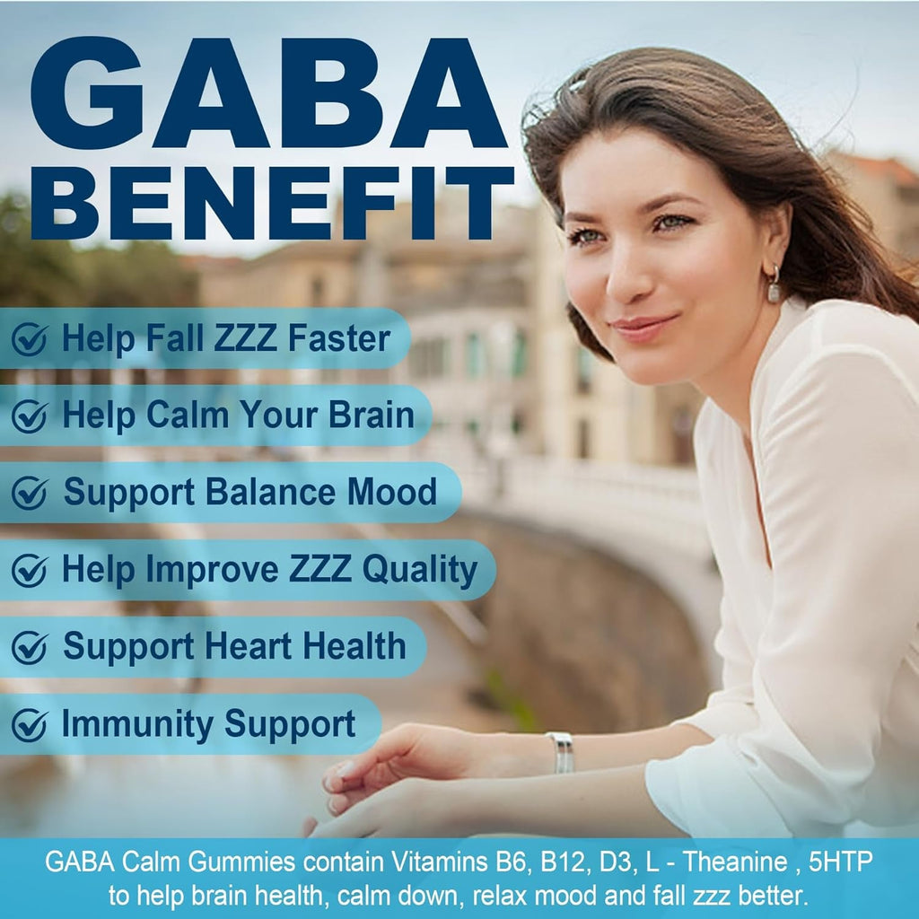 GABA Gummies 500 Mg - Sugar-Free Calm Gummies with L Theanine, 5-HTP, Vitamins D3, B12, Ashwagandha, Melatonin-Free for Brain Calm, Mood, Zzz Better, GABA Supplement for Adult, Blueberry Flavor,2 Pack
