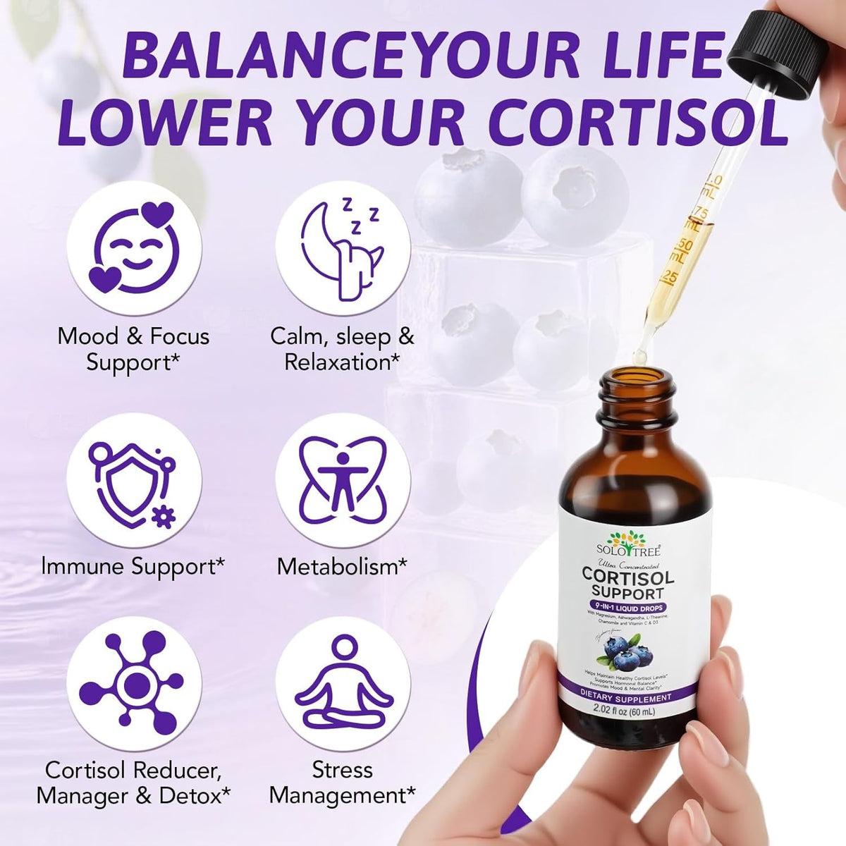 NIFEISHI Cortisol Reducer & Manager Liquid Drops for Women & Men | Cortisol Supplements with Ashwagandha & Magnesium | 9-In-1 Stress & Mood Support, Blueberry Flavor-2.02 Floz