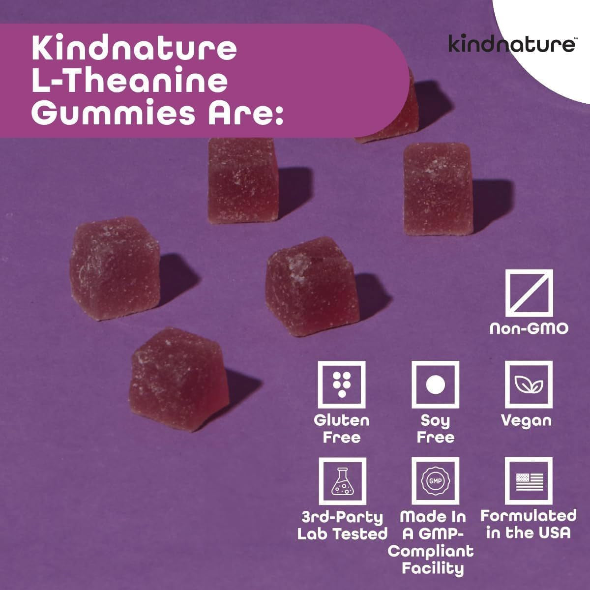 Kindnature L-Theanine 200Mg Gummies for Kids 4+ & Adults – Pure Single-Ingredient Calm & Focus Chewables – Clinical Dose, Non-Drowsy Relaxation – Vegan, Mixed Berry, Non-Gmo – 60 Ct