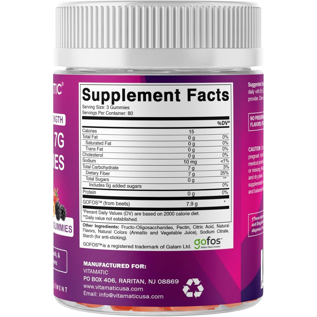 Vitamatic Prebiotic Fiber Gummies for Adults, 7G Extra Strength, Zero Sugar Added, 240 Pectin Based Gummies, Digestive Health & Regularity Support