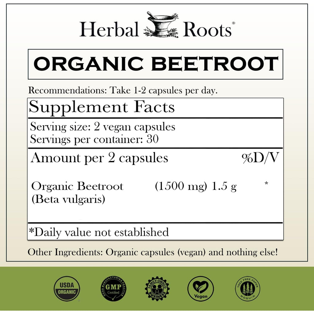 Herbal Roots Organic Beet Root Powder Capsules - 1,500Mg per Serving - Certified USDA Organic - Non-Gmo - 60 Count Vegan Capsules