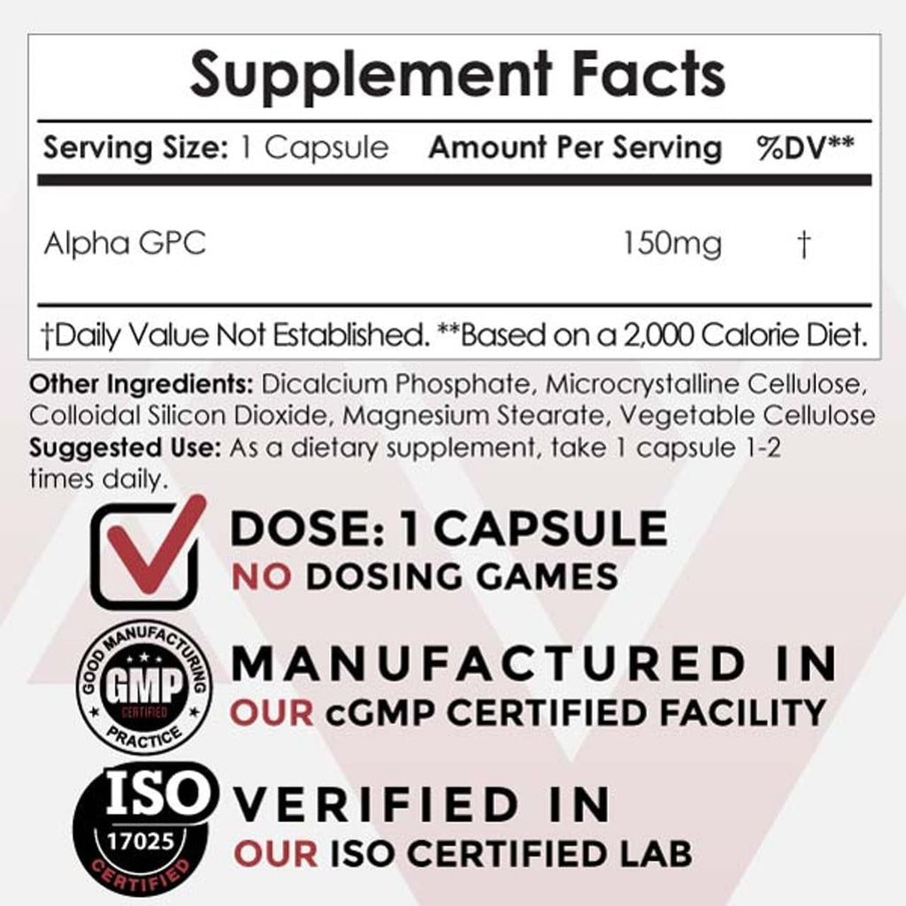 Nootropics Depot Alpha GPC Capsules | 150Mg | 180 Count | Cholinergic Supplement | Brain Health Supplement | Supports Healthy Brain Function | Enhance Cognition, Memory + Focus