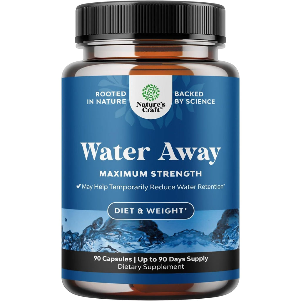 Water Away Herbal Diuretic Pills High Strength - Fluid Retention Supplement with Dandelion Leaf Extract & Green Tea for Bloating Relief for Women & Men - Capsules for Leg & Feet Swelling - 90 Count