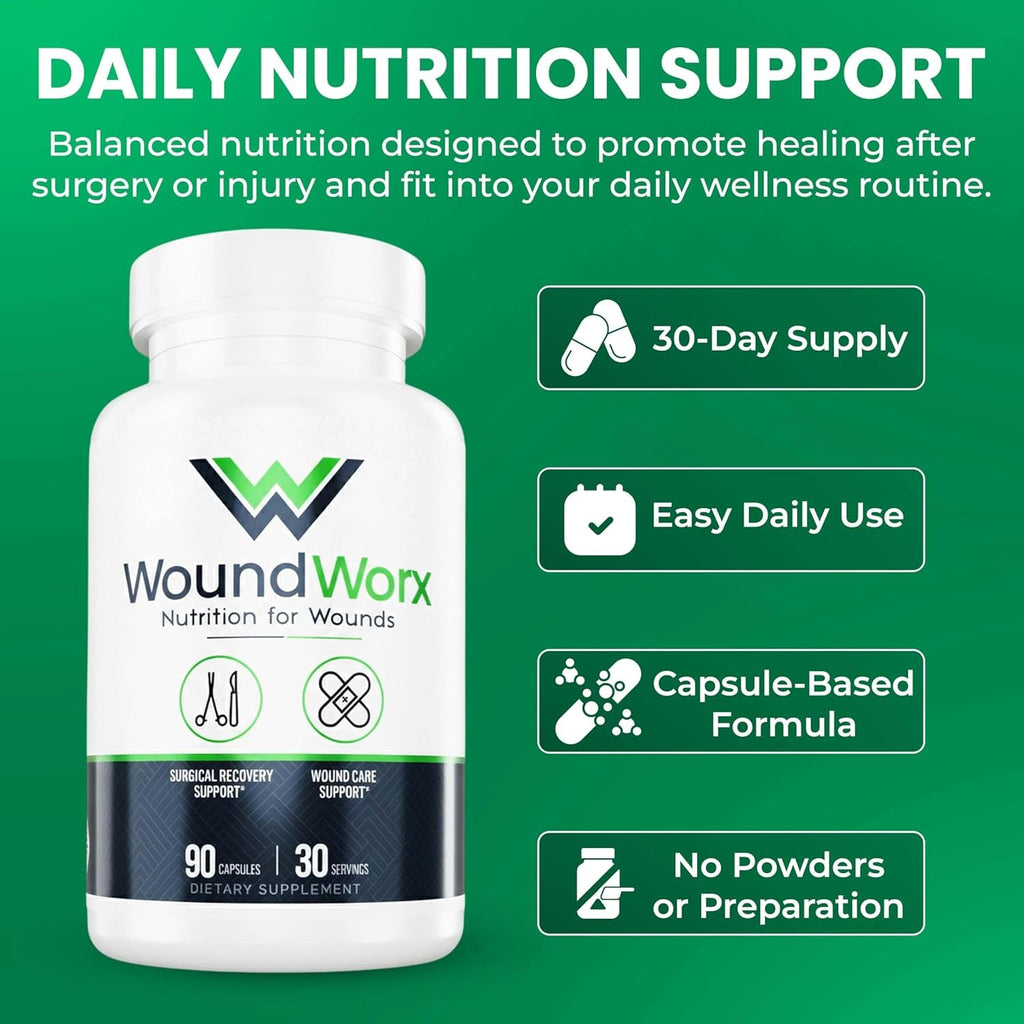 Free Life Labs Woundworx Nutrition-Scar and Surgery Support, Wound Care, General and Plastic Surgery, Faster Healing W/Vitamins, Amino Acids, Collagen, Probiotics, Turmeric, Bromelain-90 Caps