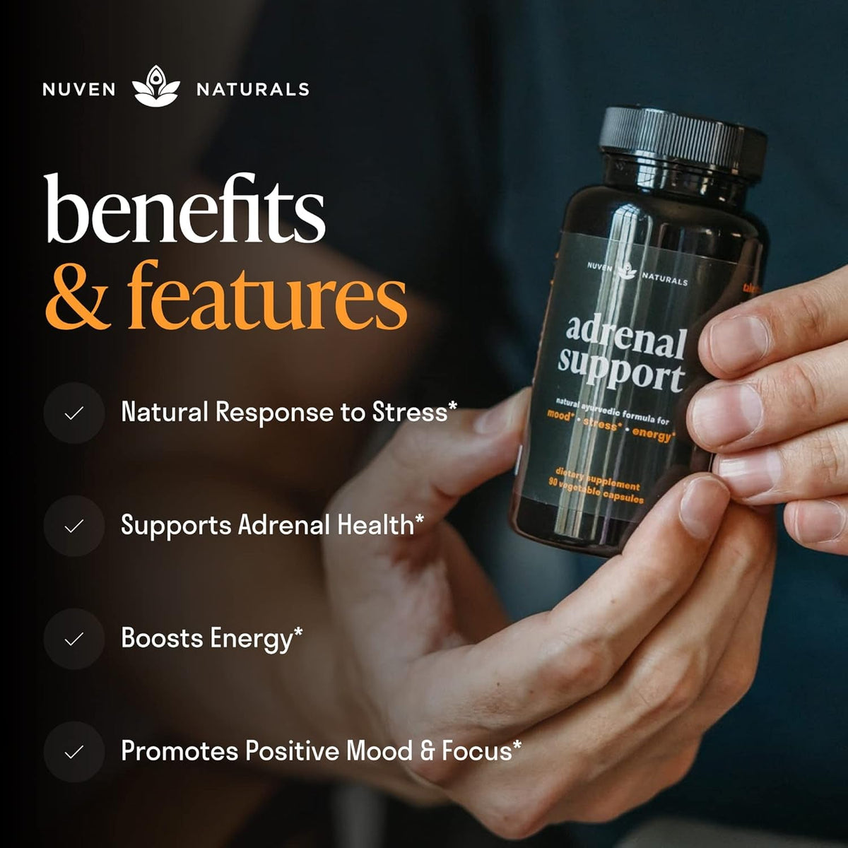 Nuven Naturals Adrenal Support - Cortisol Manager & Adrenal Support Supplements with Ashwagandha Extract, Rhodiola Rosea, Holy Basil to Help Stress, Fatigue & Energy | Adaptogens | 90 Capsules