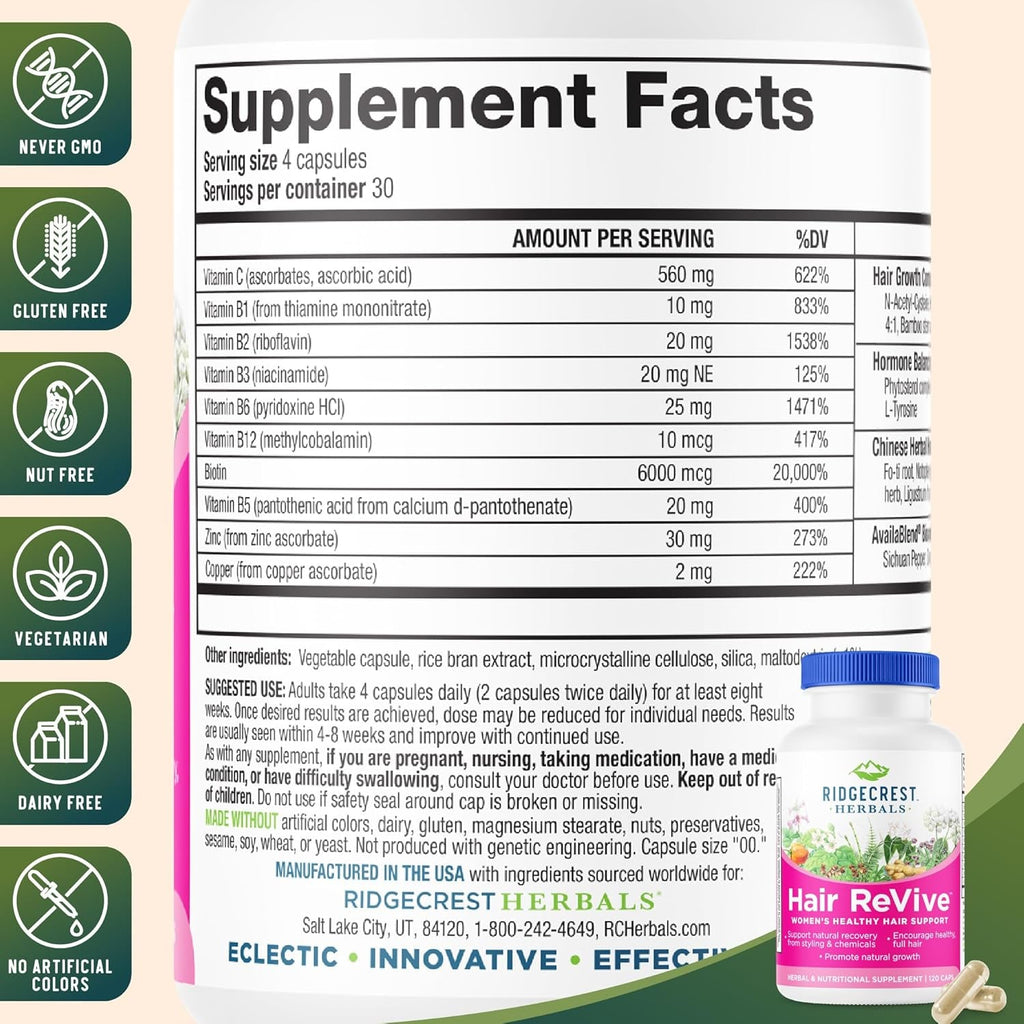 Ridgecrest Herbals Hair Revive, Nutritional Hair Supplement with Vitamin C, Biotin (6000Mcg), Zinc, and Copper, Hair Vitamins for Women to Support Healthy Hair, Skin, and Nails (120 Caps, 30 Servings)